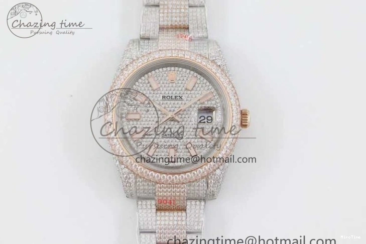 MiroTime 0601 Datejust 41 SS RG Full Diamonds TWF 1:1 Best Edition Diamonds Stick Markers Dial on Bracelet A Refined 2400